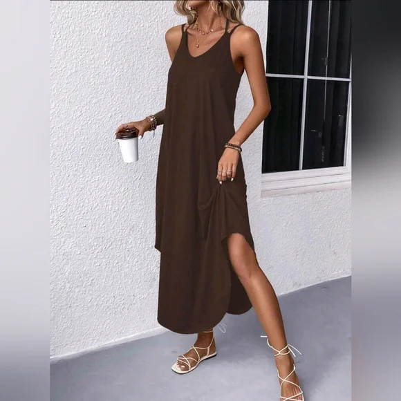 Boutique Dresses | New Casual Stretch Knit Cami T Shirt Dress Midi Relaxed Fit Brown | Color: Brown | Size: S | Glitteredcloset's Closet